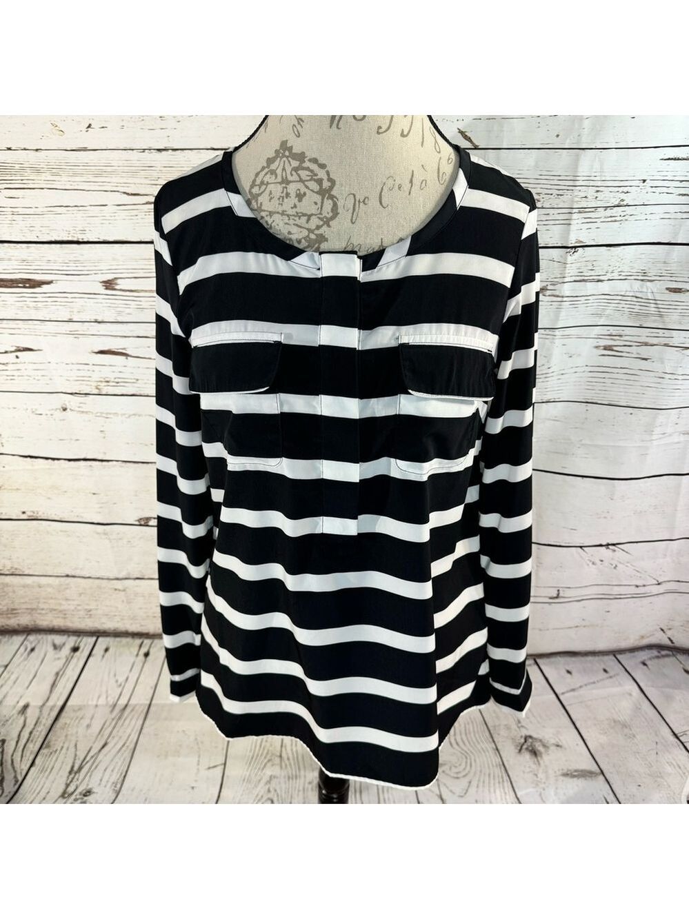 Gap Black and White Striped Top with Chest Pockets Small